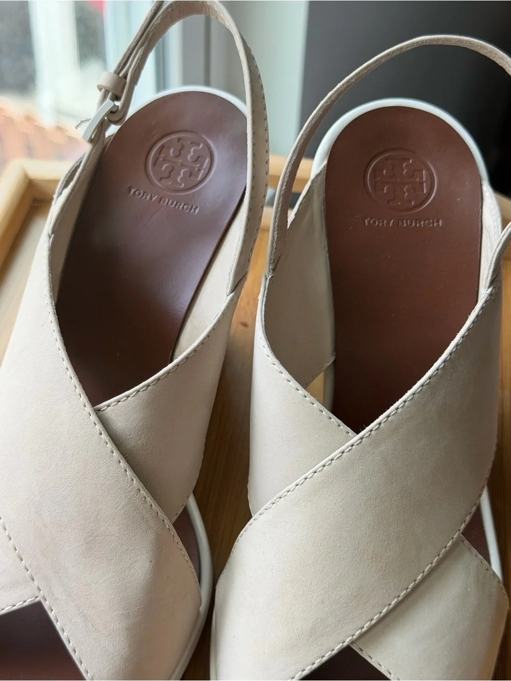Tory Burch Nude Beige Crisscross Wedge Sandals